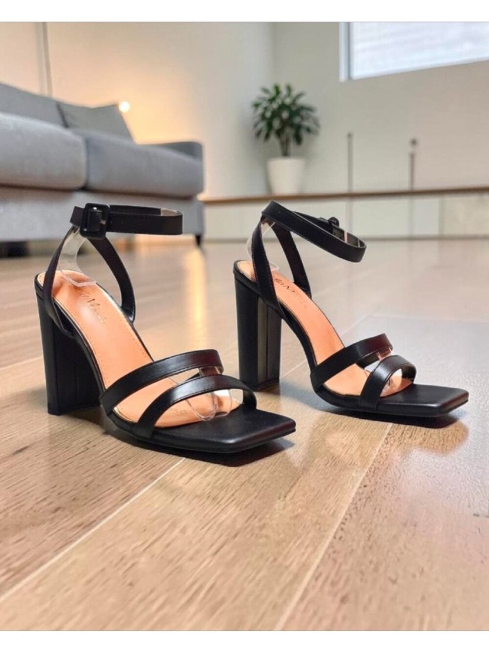 Strappy Black Block Heel Sandals With Square Toe Adjustable Ankle Strap